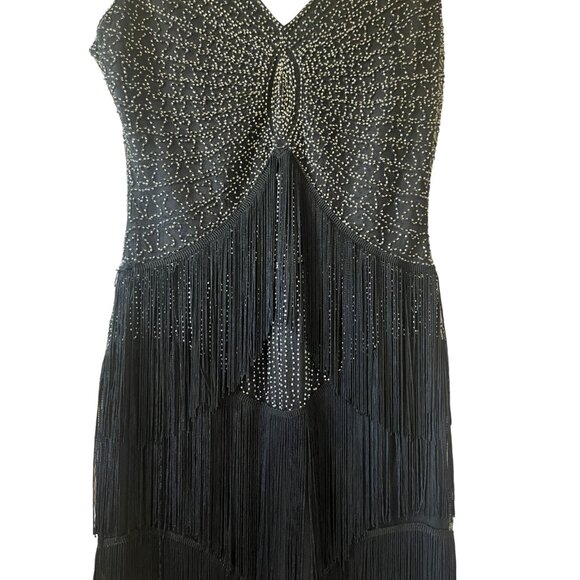Unique Vintage 1920s Black Beaded Fringe Flapper Dress L - Picture 7 of 10